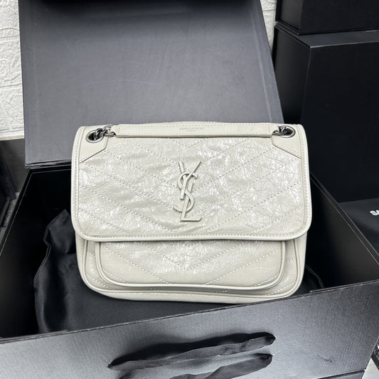 YSL Front Snap Grey Calfskin Shoulder Bag
