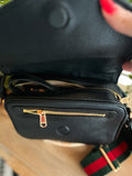 Black Leather Fold Over Double G Crossbody Bag